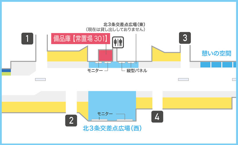 備品庫【常置場301】は、北3条交差点広場（西）の通路を挟んで反対側にあります。